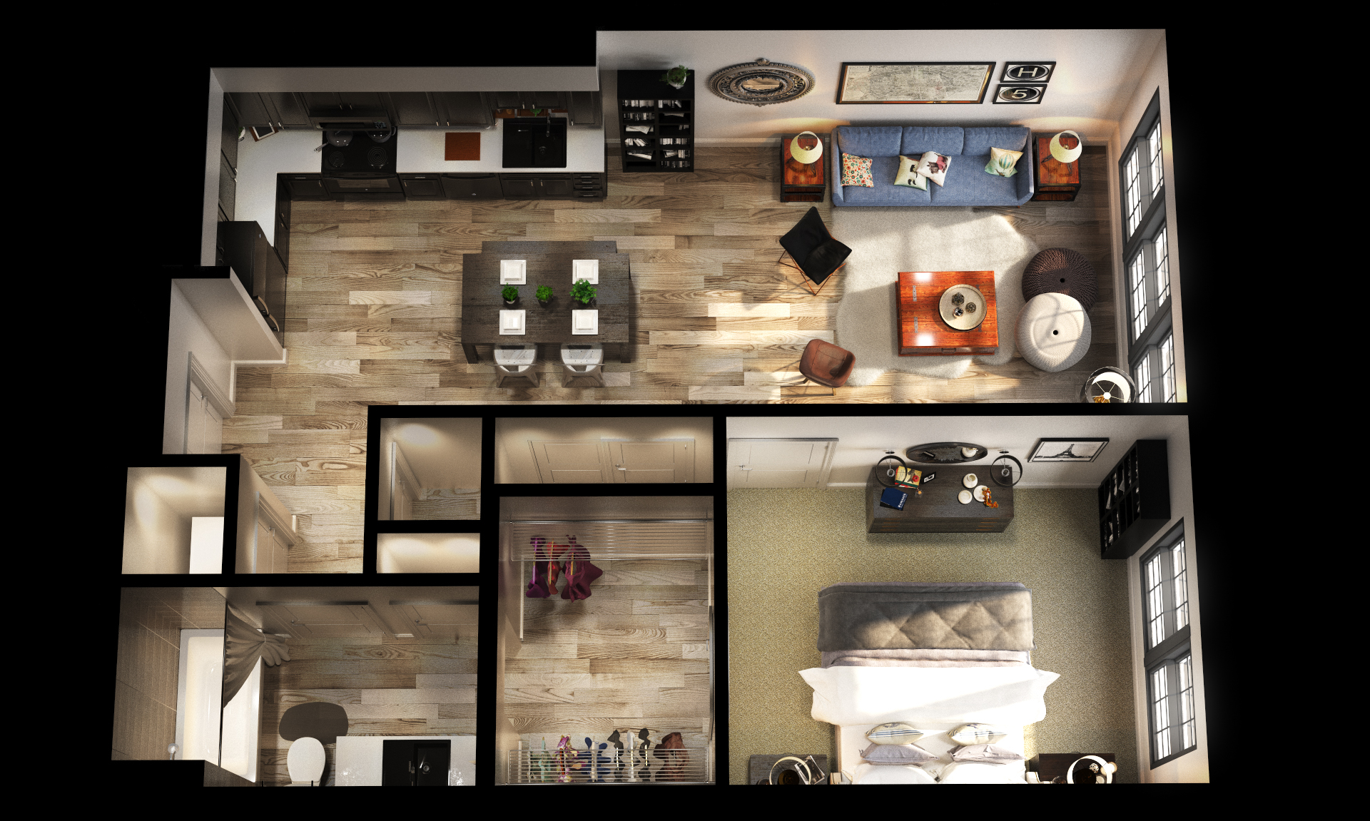 Floor plan for 1 bed, 1 bath, 775 sqft